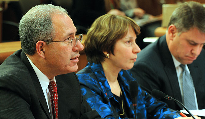 NYSUT Executive Vice President Andy Pallota, left, and UUP Vice President for Academics Jamie Dangler testify before a legislative hearing on higher education.