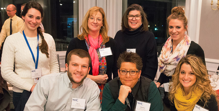 Queensbury FA members, clockwise from top left, Lauren Smith, Kristine Springer, NYSUT LRS Susan Reinfurt, Melanie Middleton, Alesha Wright, Debbie Hanson and Kyle Ketcham attend an event for new teachers hosted by NYSUT’s Capital District Regional Office.