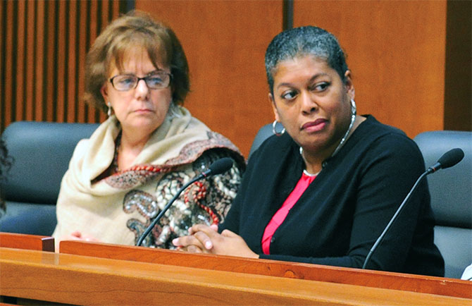 NYSUT Vice President Catalina Fortino, left, and Yonkers FT member Lia Council participate in a panel that discussed receivership schools during the NYS Association of Black and Puerto Rican Legislators caucus weekend.