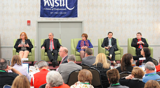 Michelle Ifill-Roseau, White Plains TA, and other advocates listen during a meeting with lawmakers as part of NYSUT's Committee of 100 advocacy day. Photo by El-Wise Noisette.