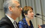 UUP VP for Academics Jamie Dangler, right, discusses teacher certification changes with Regents. She co-chaired a task force with SUNY Central's David Cantaffa, left. Photo by El-Wise Noisette.