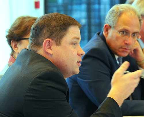 NYSUT Secretary-Treasurer Martin Messner and Executive VP Andy Pallotta answer questions at a higher ed event.