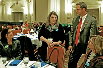 From left: Capital Region BOCES FA members Catherine Jakway, Colleen Condolora and Patricia Thornton speak with NYSUT Vice President Paul Pecorale at one of many events honoring School-Related Professionals. New York State SRP Recognition Day is celebrated annually on the third Tuesday in November.