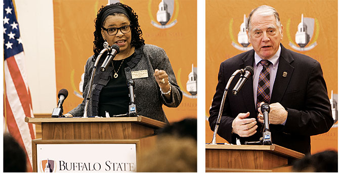 Theresa Harris–Tigg, a Buffalo State professor and city school board member, left, and Phil Rumore, president of the Buffalo Teachers Federation, announce the launch of the Urban Teacher Academy at McKinley High School. 