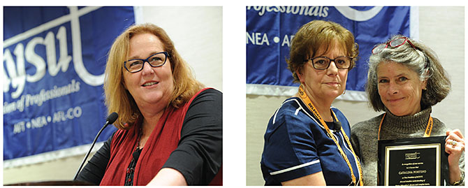 Outgoing NYSUT officers Karen E. Magee, left, and Catalina Fortino, above left, with Roberta Elins of United College Employees of FIT, are honored by delegates.