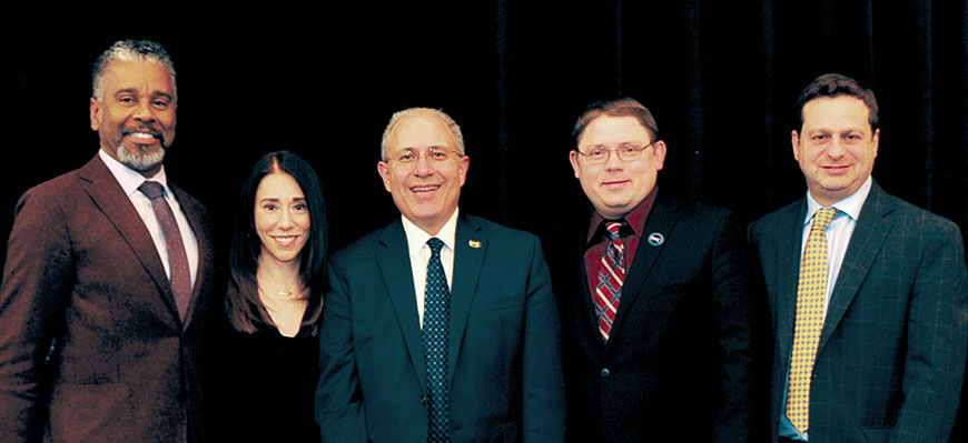 NYSUT’s newly elected slate of officers are, from left, First Vice President J. Philippe Abraham, Executive Vice President Jolene T. DiBrango, NYSUT President Andy Pallotta, Secretary-Treasurer Martin Messner and Second Vice President Paul Pecorale. Officers and members of the union’s Board of Directors were elected in April by more than 2,000 delegates to NYSUT’s Representative Assembly in New York City.