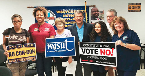 From left, Eve Creary, UFT; Aisha Cook, New Rochelle FUSE; Diane Torstrup, RC 16; state Sen. George Latimer; student Mariah Newbey; Marty Sommer, RC 16; and Florence McCue, at-large ED 51–53 director, have a simple message: On Nov. 7, vote NO on the constitutional convention!