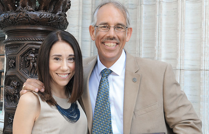 NYSUT Executive Vice President Jolene T. DiBrango congratulates Chris Albrecht, the 2018 New York State Teacher of the Year.