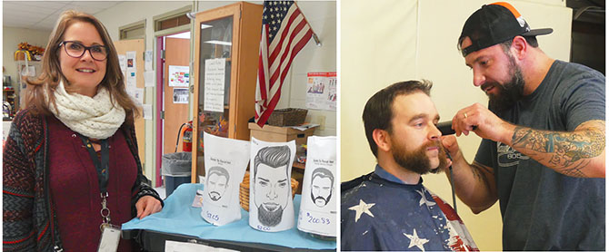 Jane Amorosi, a Saratoga Adirondack BOCES EA member, recruited staffers to grow beards for a “Pennies for Puerto Rico” fundraiser. At right, barber Mike Rabbit gives art teacher John Vandenbergh mutton chops. Photos by Maribeth Macica.