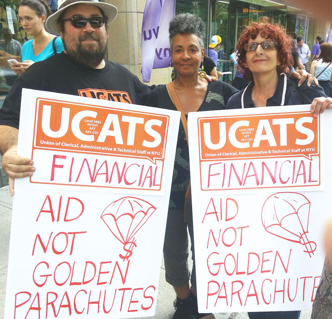 UCATS Vice President Christopher Crowe and shop stewards Joan Randolph and Barbara Bova urge NYU President John Sexton to decline a bonus and instead help students with financial aid.