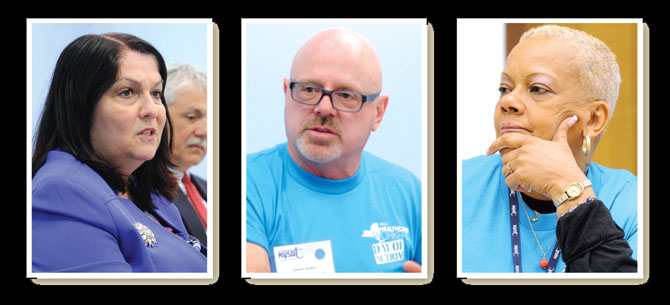 Anne Goldman, United Federation of Teachers vice president for non-DOE members and a NYSUT Board member, and UFT members Howard Sandau and Cora Shillingford, both nurses, lobby legislators during the Health Care Lobby Day at the Capitol this spring. Photos by El-Wise Noisette.