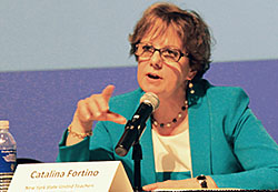 NYSUT Vice President Catalina Fortino conveys NYSUT's recommendations for APPR during the Regents' recent "Learning Summit." Photo by Andrew Watson. 