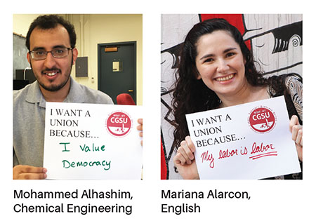 Cornell Graduate Students United members Mohammed Alhashim and Mariana Alarcon.
