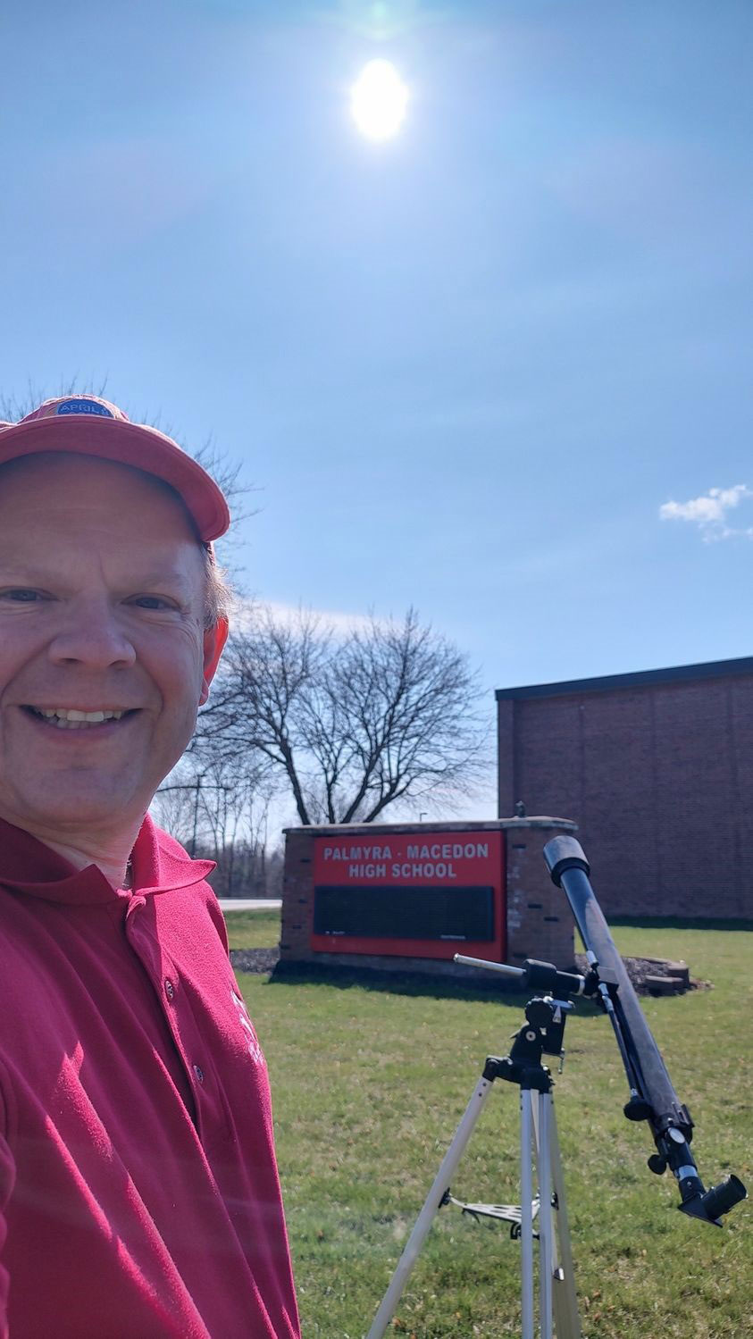 Palmyra-Macedon Faculty Association member Joseph Perry prepares for the total solar eclipse one year before the big day on April 8, 2023 at 3:22 p.m.